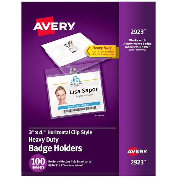 Avery 2923 Heavy Duty Badge Holders, 100 Horizontal ID Badge Holders with Clips - Picture 1 of 5